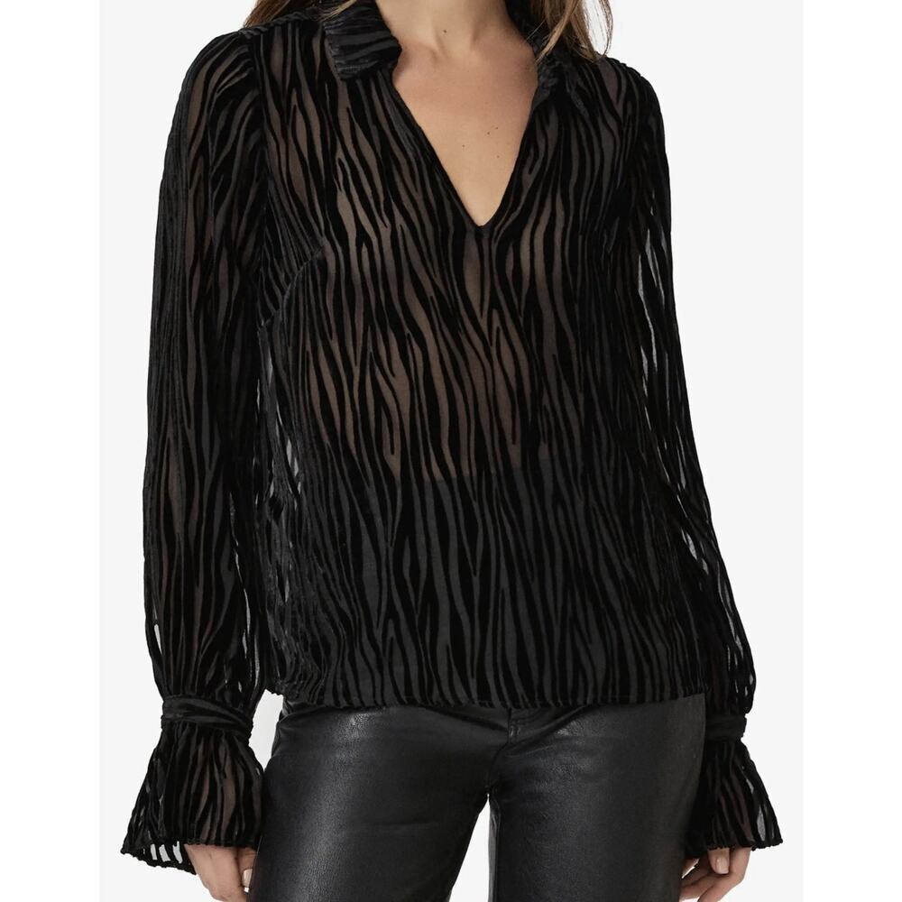 Paige Women’s Benet Black velvet Sheer Zebra Print Top Size XS